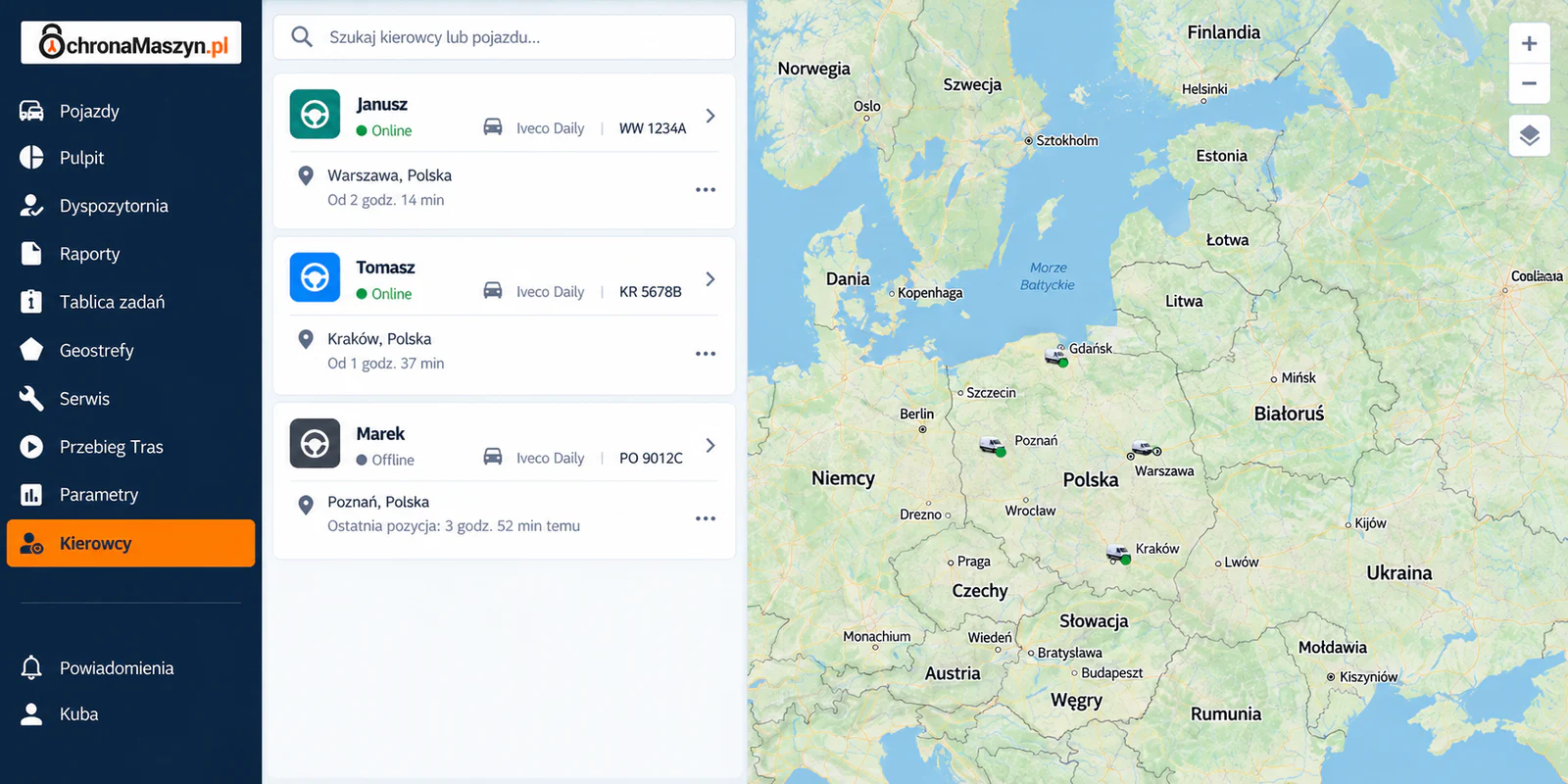 Widok mapy monitoringu floty busów